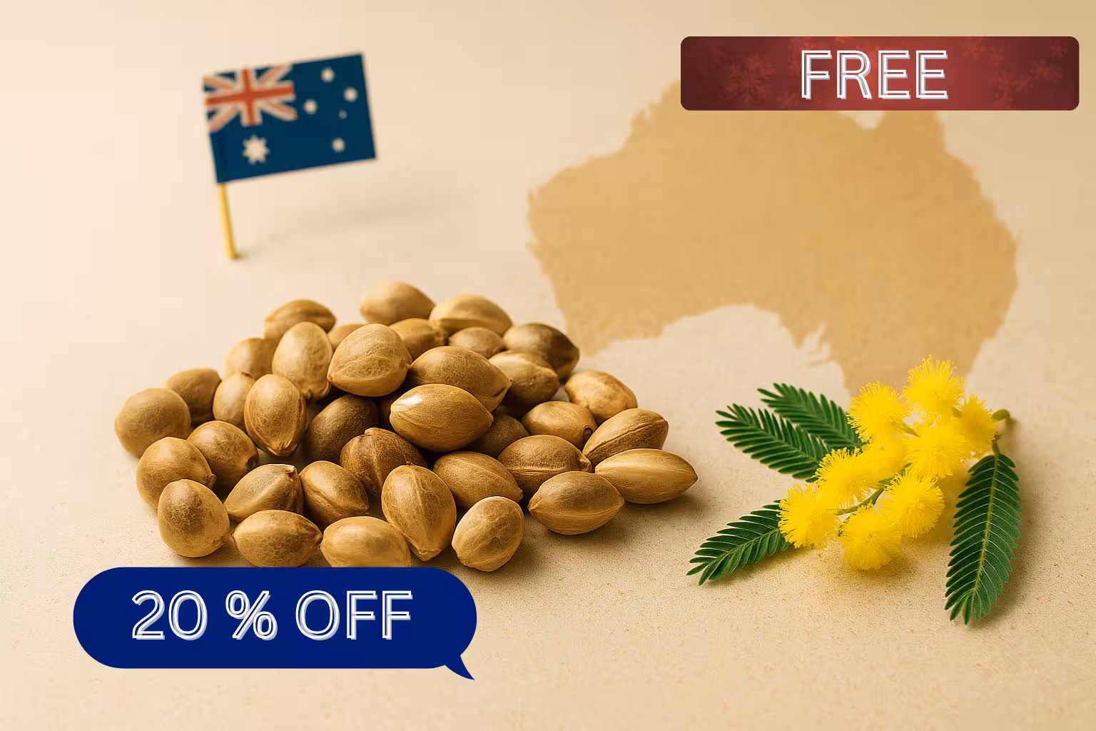 Australian hemp seeds with wattle flowers and flag – premium quality seeds for local growers